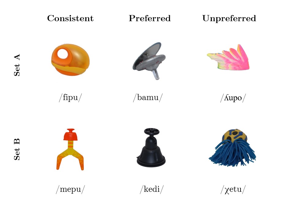 Novel Objects from Experiment 1. An example object from each set (set A and set B) and spelling group (Consistent, Preferred, and Unpreferred).